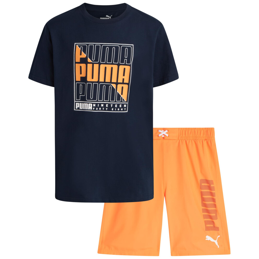 PUMA Boys' Swim Set - Bathing Suit Swim Trunks with Matching Basic Short Sleeve T-Shirt - Swimwear Set for Big Boys (8-20)  Size 8  Orange/Dark Denim