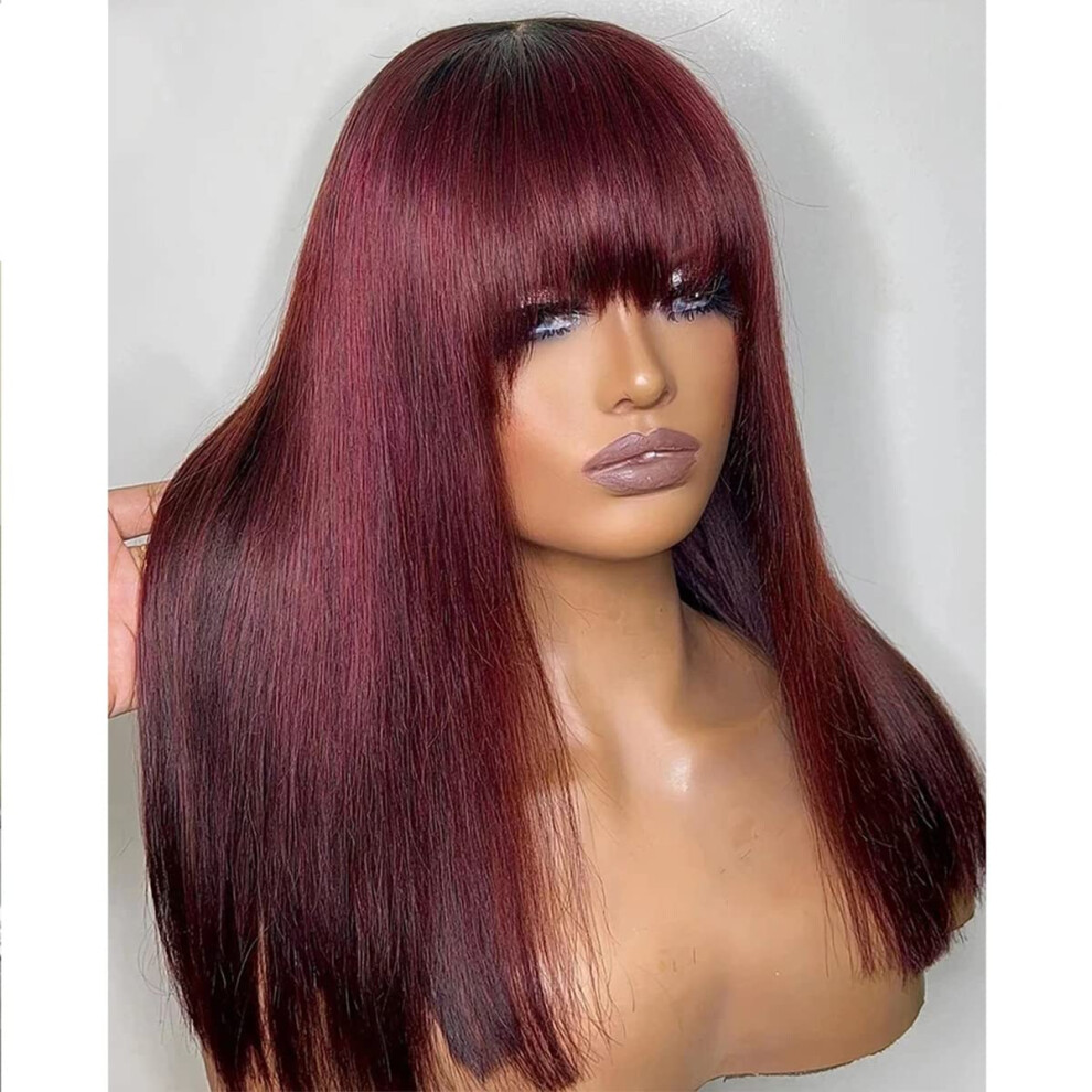 Kislemon Unisex Red Burgundy Straight Human Hair Wig With Bangs Mongolian Remy Hair Glueless None Lace Front Human Hair Wigs For Women 99J Color 150% Density