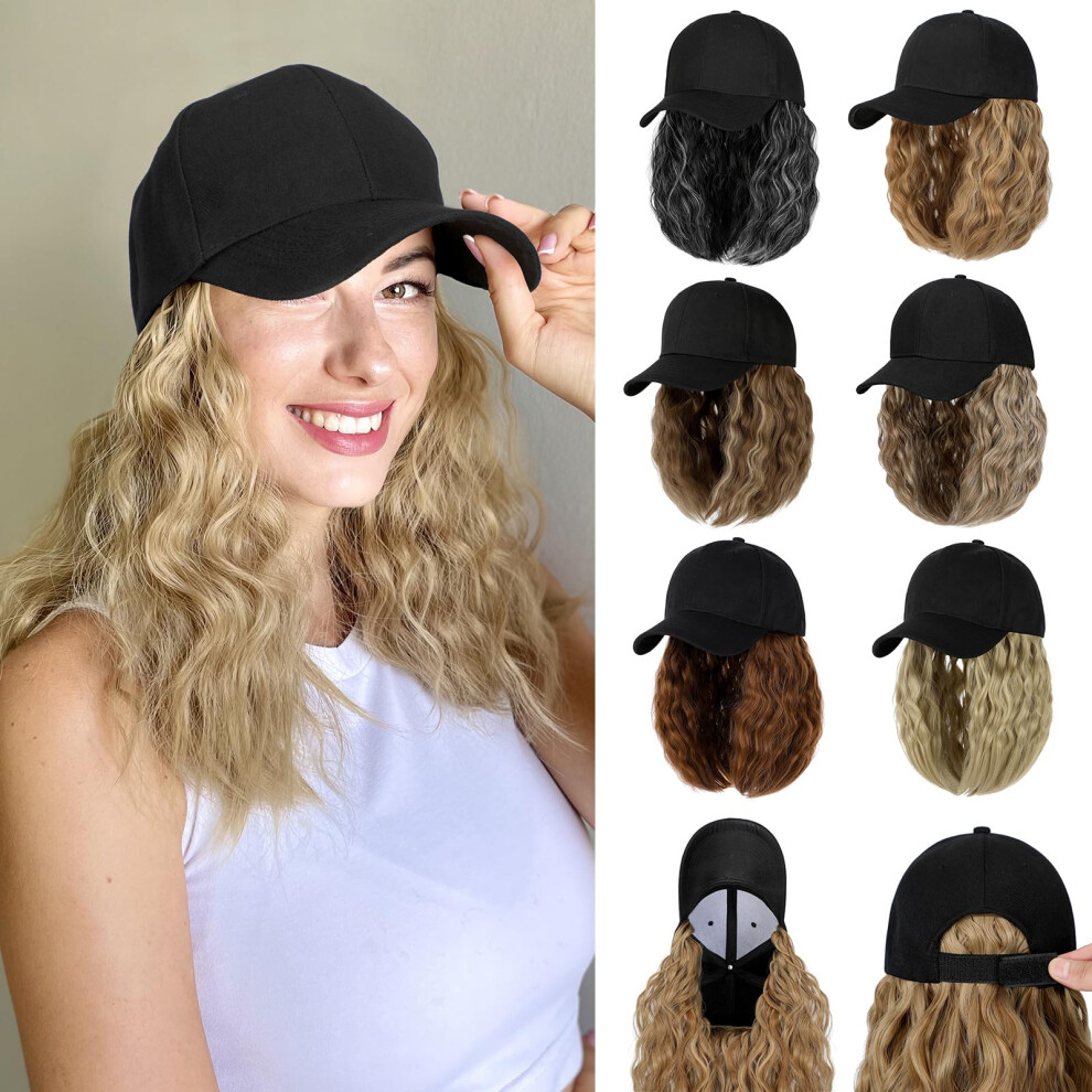 Cephermer Baseball Hat Wig Hat With Hair Attached 16'' Adjustable Black Cap With Wavy Curly Synthetic Bob Hair Extensions For Women Girls(Dark Black M