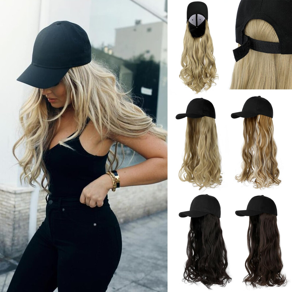 Cephermer Baseball Hat Wig Hat With Hair Attached 16'' Adjustable Black Cap With Wavy Curly Synthetic Bob Hair Extensions For Women Girls(Medium Blond