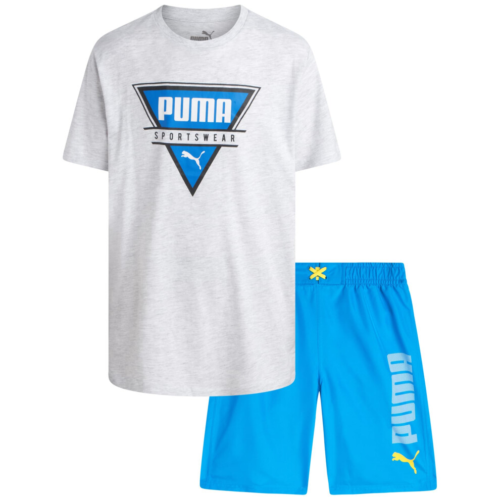 PUMA Boys' Swim Set - Bathing Suit Swim Trunks with Matching Basic Short Sleeve T-Shirt - Swimwear Set for Big Boys (8-20)  Size 14-16  Blue/White