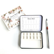 Bower Bird Travel aquarelpalet draagbaar keramisch palet 12 wells leeg verfpalet kleine metalen reisverfdoos met porseleinen palet (12 wells set)