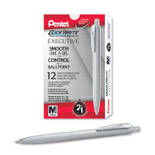 Pentel Glidewrite Executive Ballpoint Pen  (1.0mm) Medium Line  Silver Metal Barrel  Black Ink  Box of 12 (BX970Z-A)