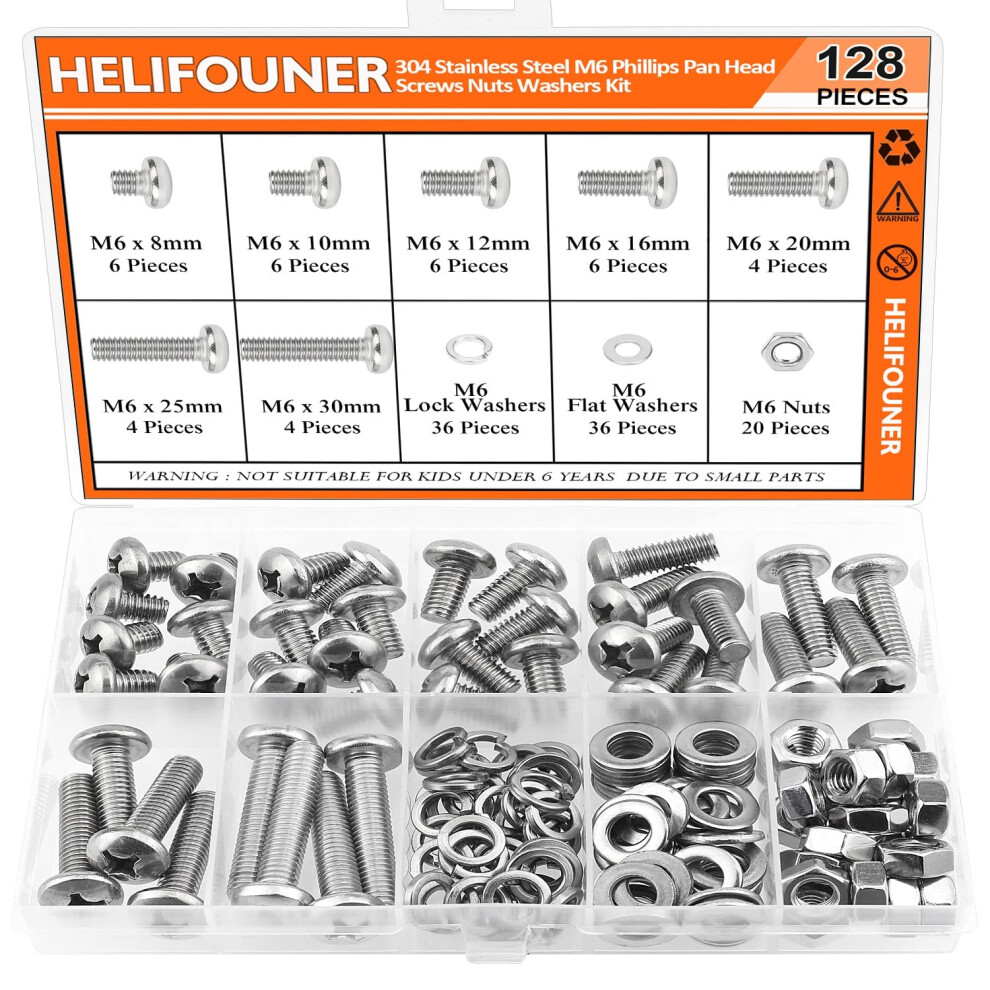 Helifouner 128 Pieces M6 X 8Mm /10Mm /12Mm /16Mm /20Mm /25Mm /30Mm Phillips Pan Head Machine Screws Metric Screws Bolts Washers Nuts Kit 304 Stainl 749355452996