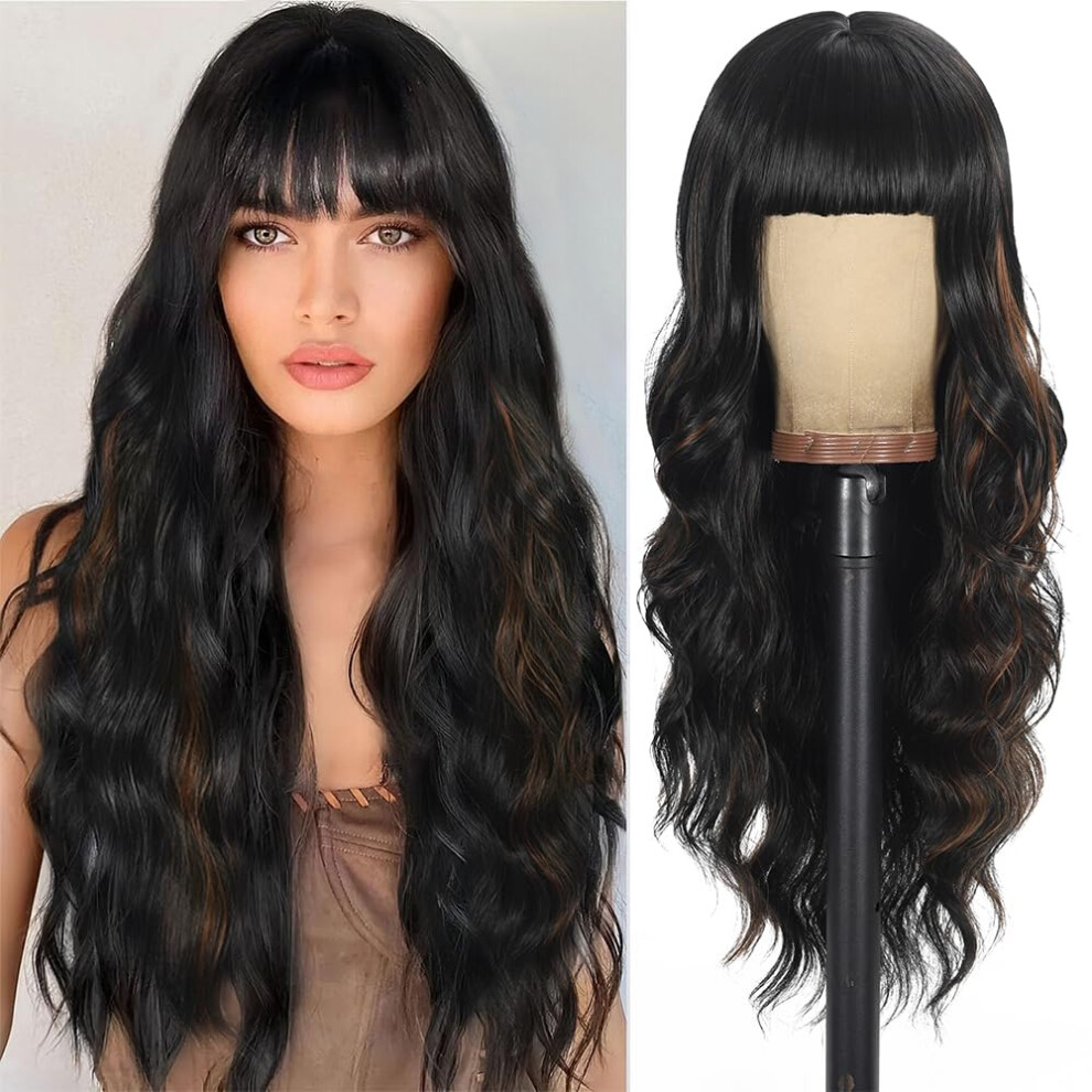 Unnymger Unisex Black,Brown Black Mixed Brown Wigs With Bangs Long Curly Wig For Women Long Wavy Wig Synthetic Hair For Festival Holiday Use 26In