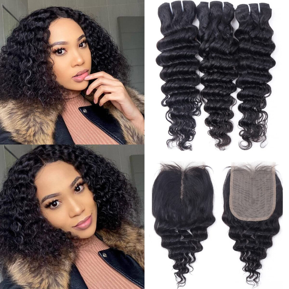 Fq Unisex Brazilian Deep Wave Bundles With Closure Deep Curly Weave Human Hair Bundles With Lace Closure Unprocessed Virgin Hair Weft Bundles And 4X4x1 Closu