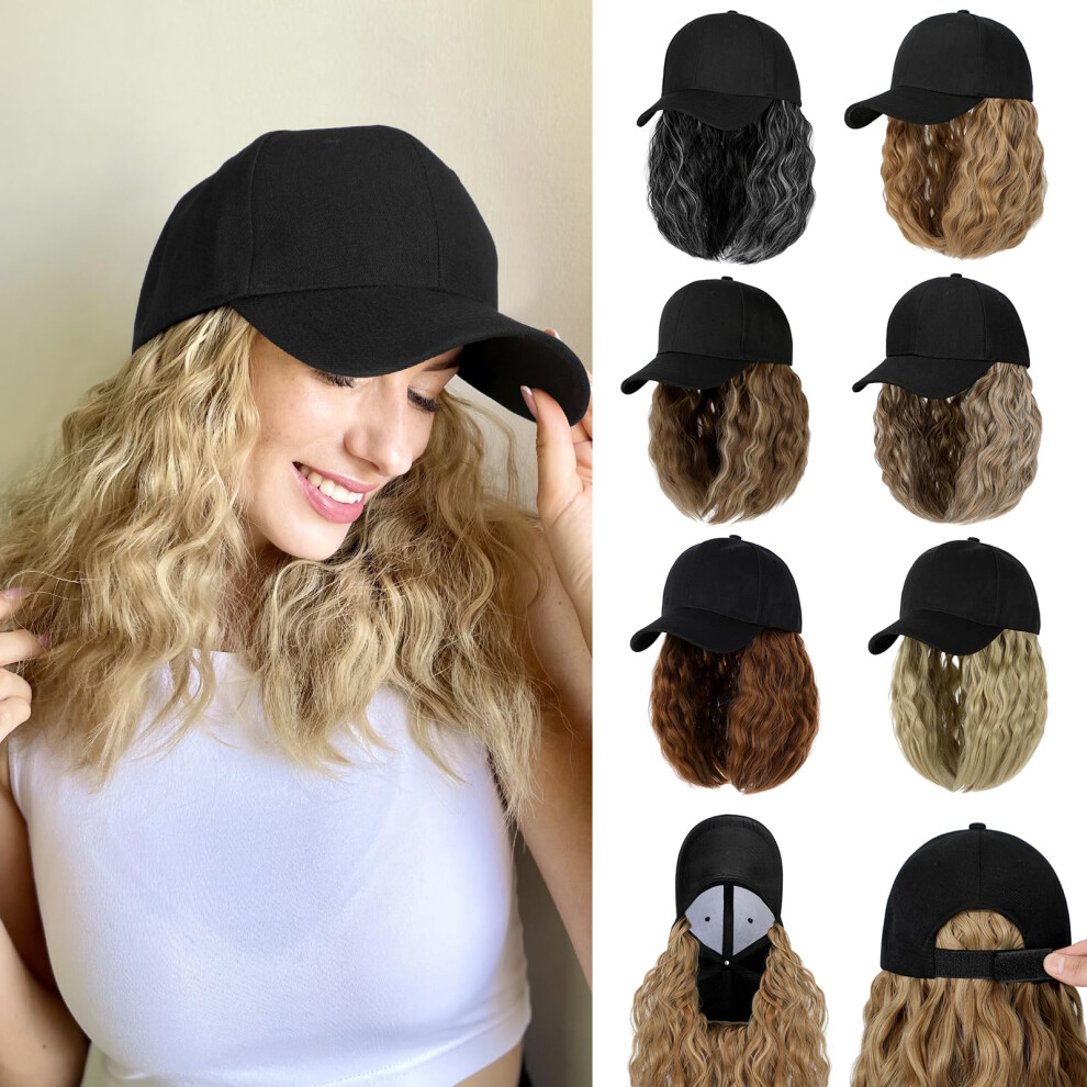 Cephermer Baseball Hat Wig Hat With Hair Attached 16'' Adjustable Black Cap With Wavy Curly Synthetic Bob Hair Extensions For Women Girls(Bleach Blond