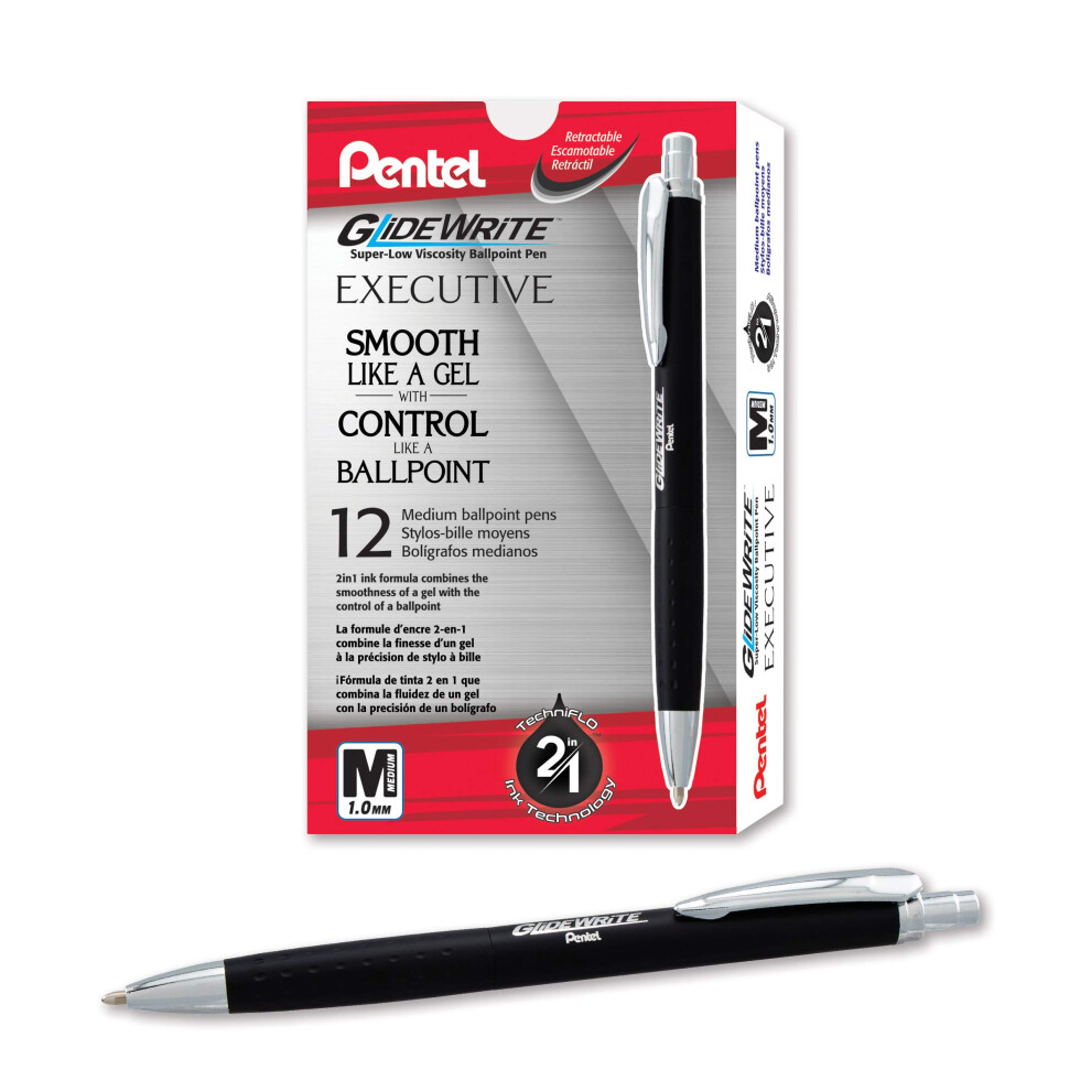 Pentel Glidewrite Executive Ballpoint Pen (1.0Mm) Medium Line Black Metal Barrel Black Ink Box Of 12 (Bx970a-A)