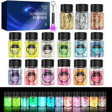 OSBANG Glow in The Dark Glitter 15 sklenic - 12 barev Glow Glitter a 3 barvy vlocek zlat flie Vysoce sveteln trpytky pro Resin Crafts Kosmetick s