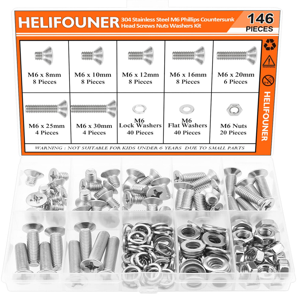 Helifouner 146 Pieces M6 X 8Mm /10Mm /12Mm /16Mm /20Mm /25Mm /30Mm Phillips Countersunk Head Machine Screws Metric Screws Bolts Washers Nuts Kit 30 749355453054