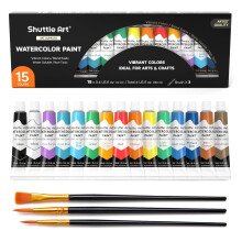 Conjunto de Tintas de Água Shuttle Art, 15 Cores em Tubos (12ml Cada) com 3 Pincéis, Cores Ricas, Fácil de Misturar