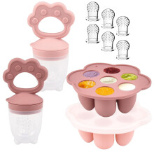 Ciucci per bambini Ginbear in silicone per alimenti alla frutta e vassoio per congelatore (set da 2), ciucci per la dentizione e stampi per ghiac