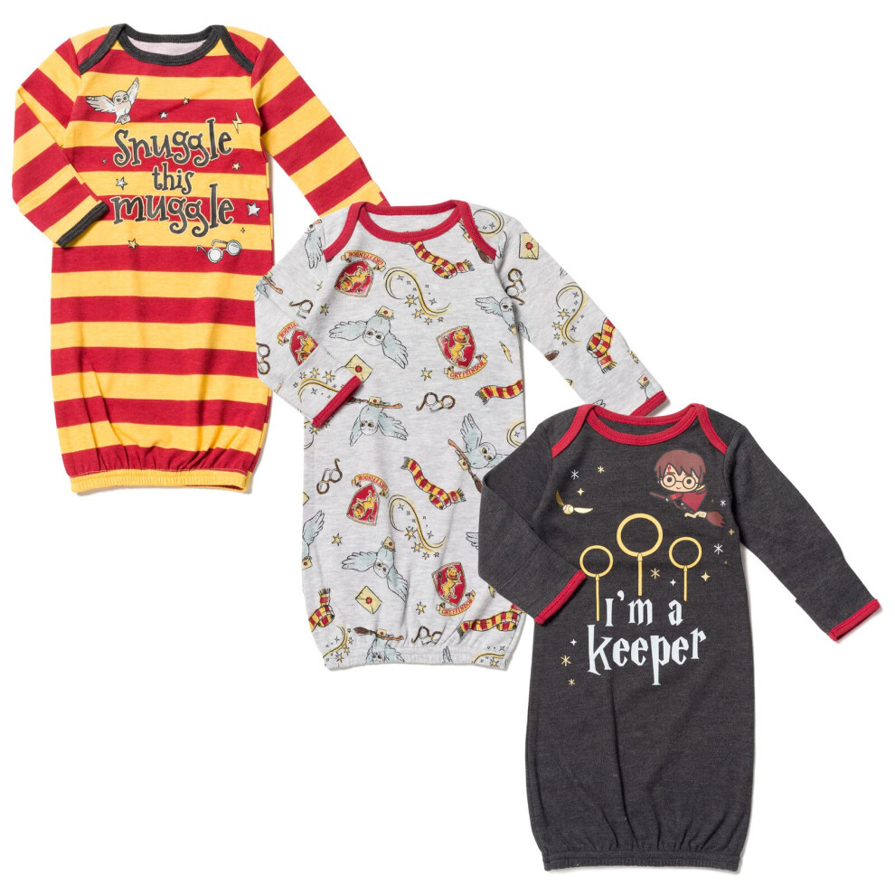 Harry Potter Hedwig Owl Newborn Baby Boys 3 Pack Sleeper Gowns Multicolor/Gray 0-6 Months
