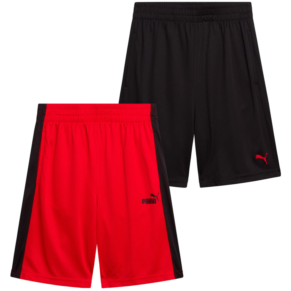 PUMA Boys' Active Shorts - 2 Pack Mesh Athletic Performance Basketball Shorts - Activewear Shorts for Boys (Sizes 8-20)  Size 14-16  Red/Black