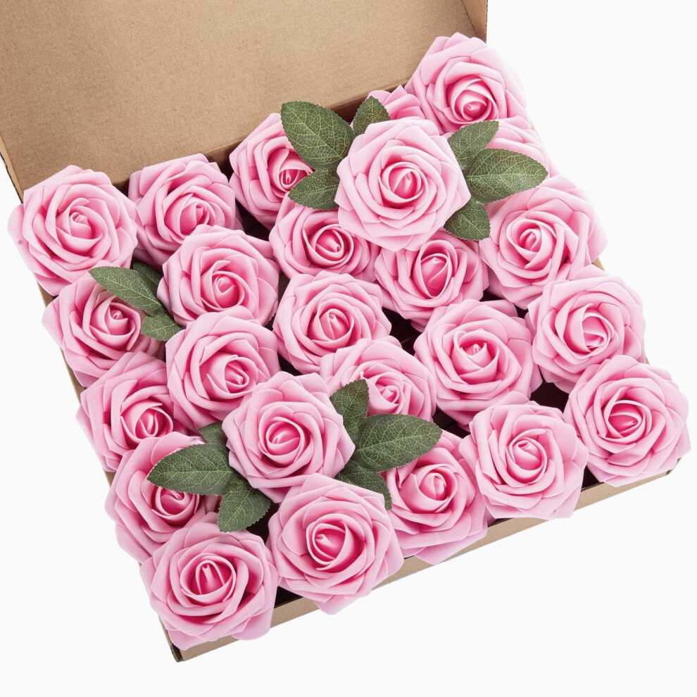 Exoment 25 Pezzi Di Fiori Artificiali In Schiuma Rosa, Rose Al Tatto, Capolini Con Gambo Per Bouquet Da Sposa Fai Da Te, Centrotavola, Composizio-image