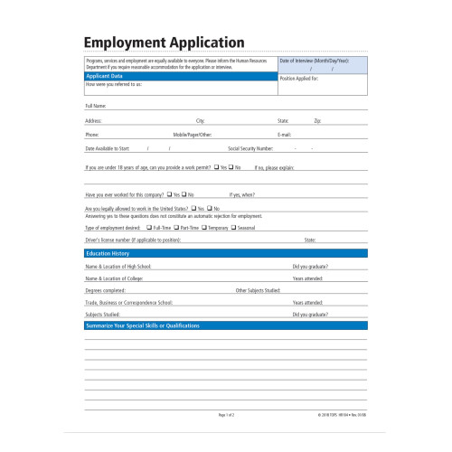 Adams Application for Employment  Forms and Instructions  50 Forms per Pack (HR104)   White 1