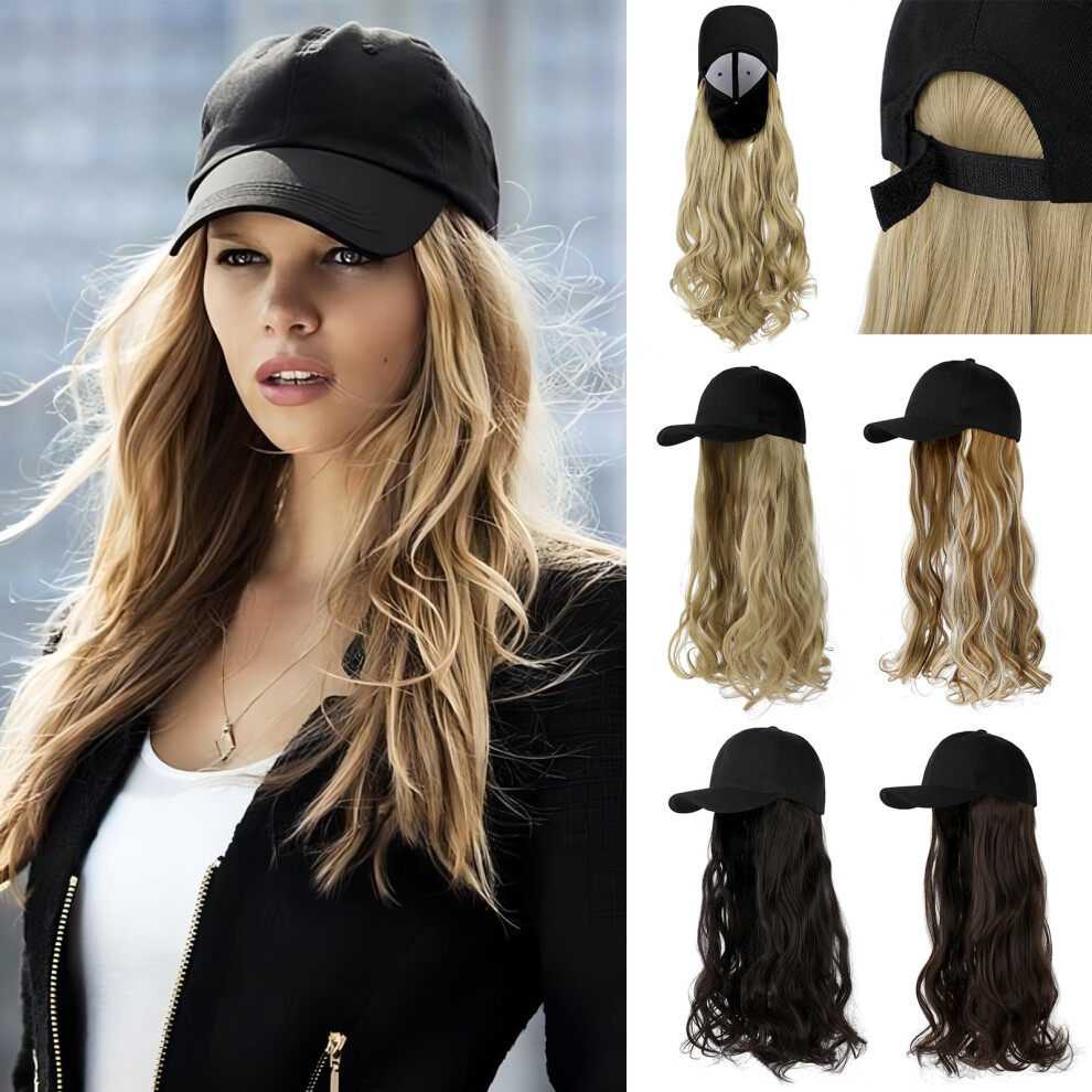 Cephermer Baseball Hat Wig,Hat With Hair Attached 24'' Adjustable Black Cap With Long Wavy Synthetic Hair Extensions For Women Girls(Ash Blonde)