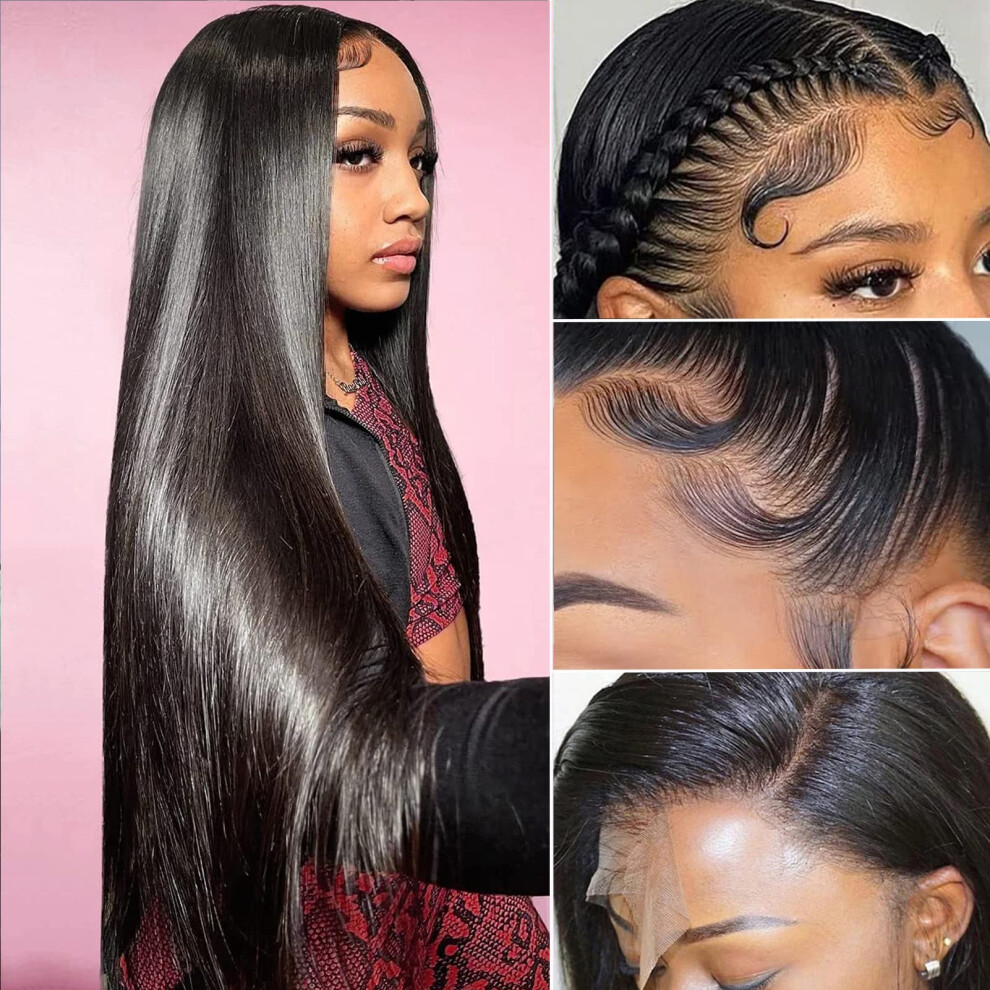 Cabello Lipai Straight Frontal Wigs Human Hair 220% Density Straight Wig 100% Brazilian Virgin Human Hair Wig 26 Inch Glueless Lace Front Wigs With Natural Black