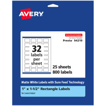 Avery Matte White Rectangle Labels with Sure Feed 1"""" x 1.5"""" 800 Matte White Printable Labels