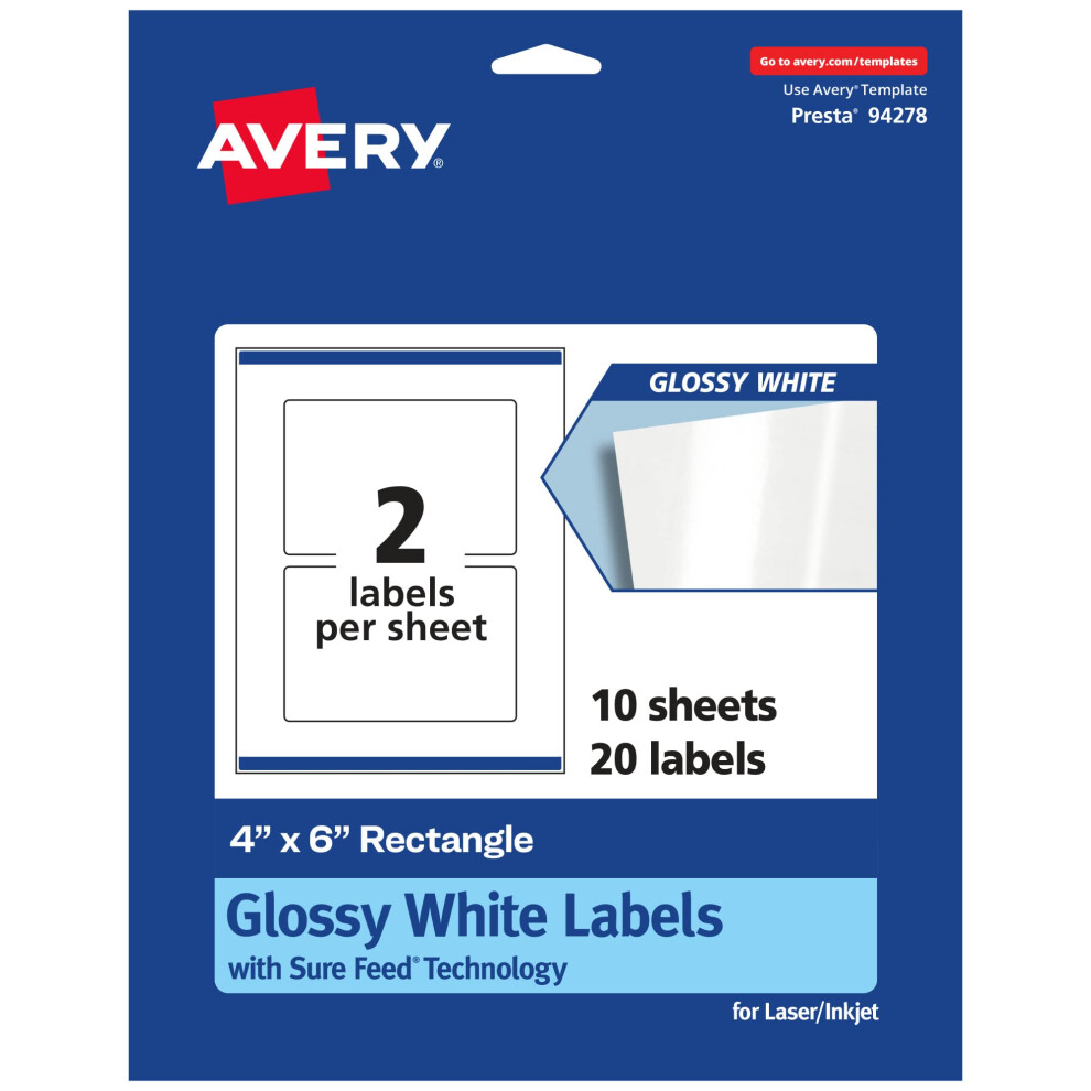 Tiquettes Rectangulaires Blanches Brillantes Avery Avec Alimentation Sure Feed 4"" X 6"" (20 Unit S) Adh Sif Permanent Imprimable Jusqu'au Bord Im-image