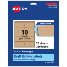 Avery Kraft Brown Rectangle Labels with Sure Feed 2"""" x 4"""" 250 Kraft Brown Labels Laser/Inkjet Printable Labels