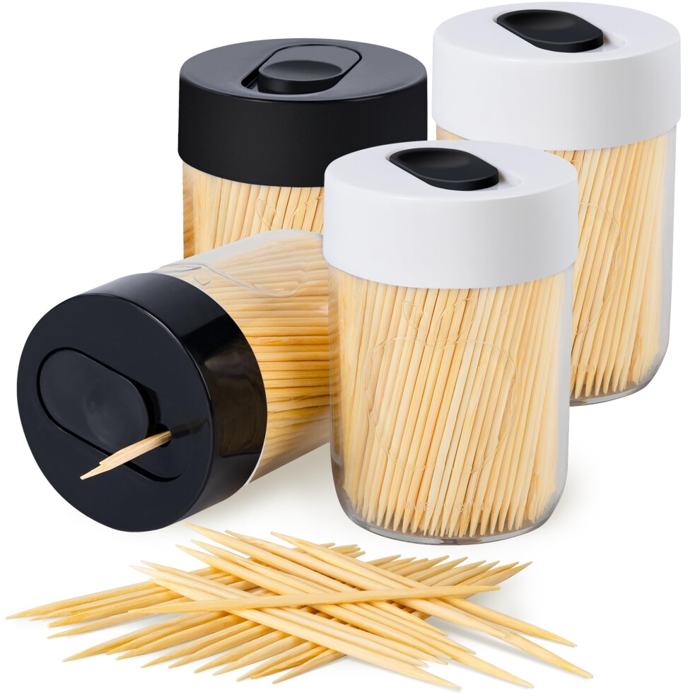 Urbanstrive Porta Stuzzicadenti Robusto E Sicuro Con 1600 Stuzzicadenti In Legno Naturale Per La Pulizia Dei Denti, Decorazione Unica Per La Casa, Regalo Insolito, Confezione Da 4 (Nero + Bianco)-image