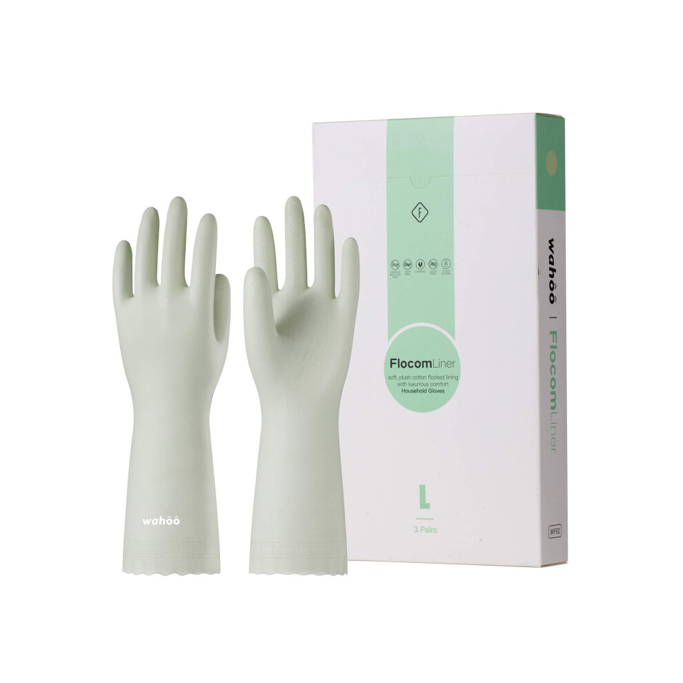 LANON 3 Pairs wahoo Skin-Friendly Cleaning Gloves  Dishwashing Kitchen Gloves with Cotton Flocked Liner  Reusable  Non-Slip  Canary Green  Small-image-OPC-PGSHWDY-NEW