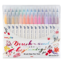 Pentel SESW30C-30 Brush Sign Pen Twin 30 Color Set Fiber Tips Pennor med tv flexibla spetsar Vattenbaserat blck Biverkat paket med 30