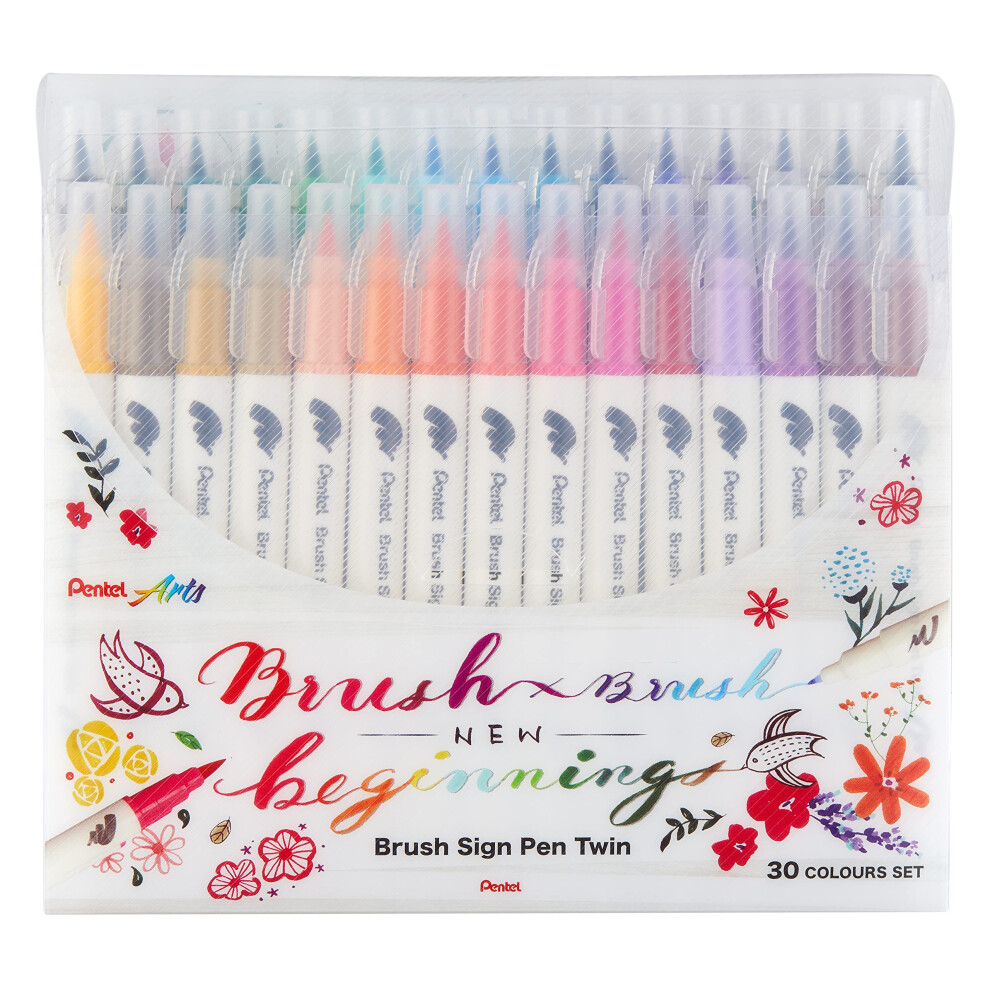 Pentel SESW30C-30 Brush Sign Pen Twin  30 Colour Set  Fibre Tip Pens with Two Flexible Tips  Water-based Ink  Assorted  Pack of 30