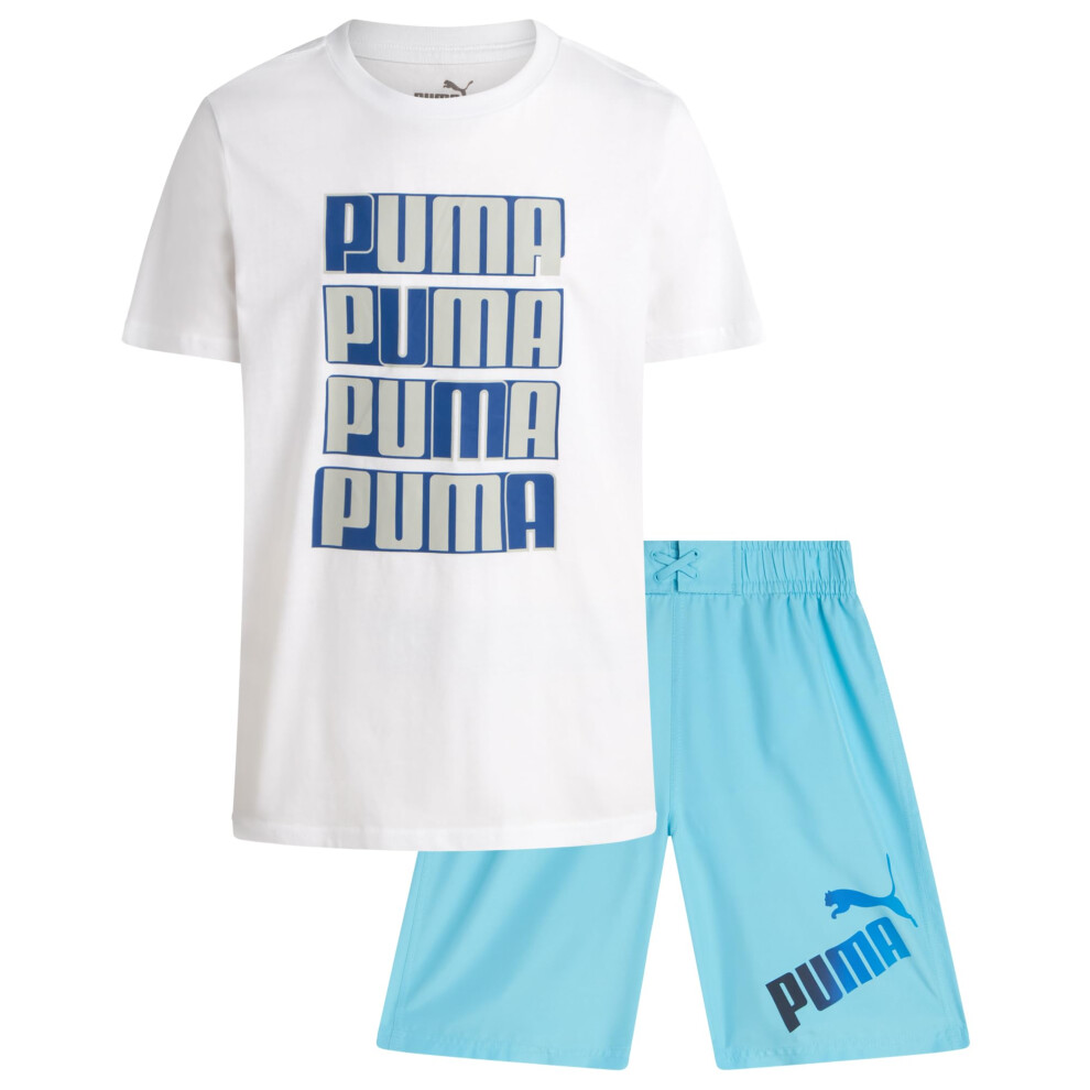 PUMA Boys' Swim Set - Bathing Suit Swim Trunks with Matching Basic Short Sleeve T-Shirt - Swimwear Set for Big Boys (8-20)  Size 18-20  Light Blue/Whi
