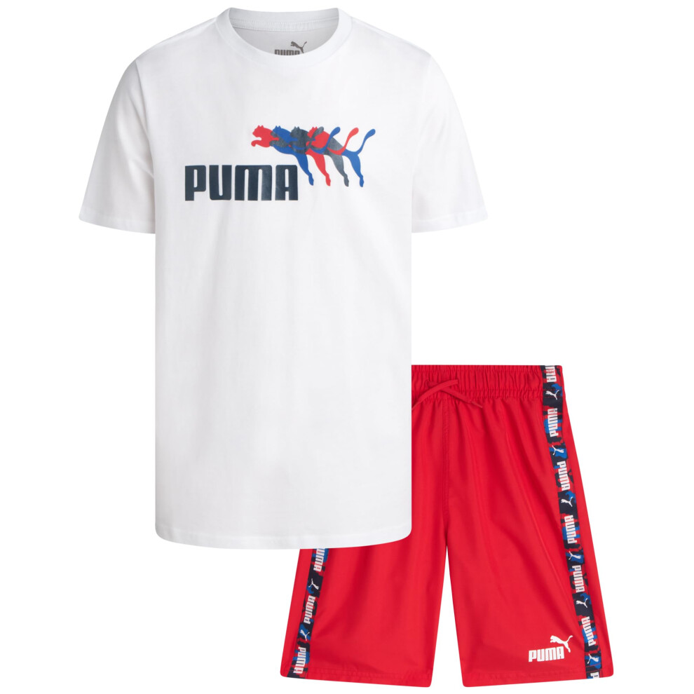 PUMA Boys' Swim Set - Bathing Suit Swim Trunks with Matching Basic Short Sleeve T-Shirt - Swimwear Set for Big Boys (8-20)  Size 8  Red/White
