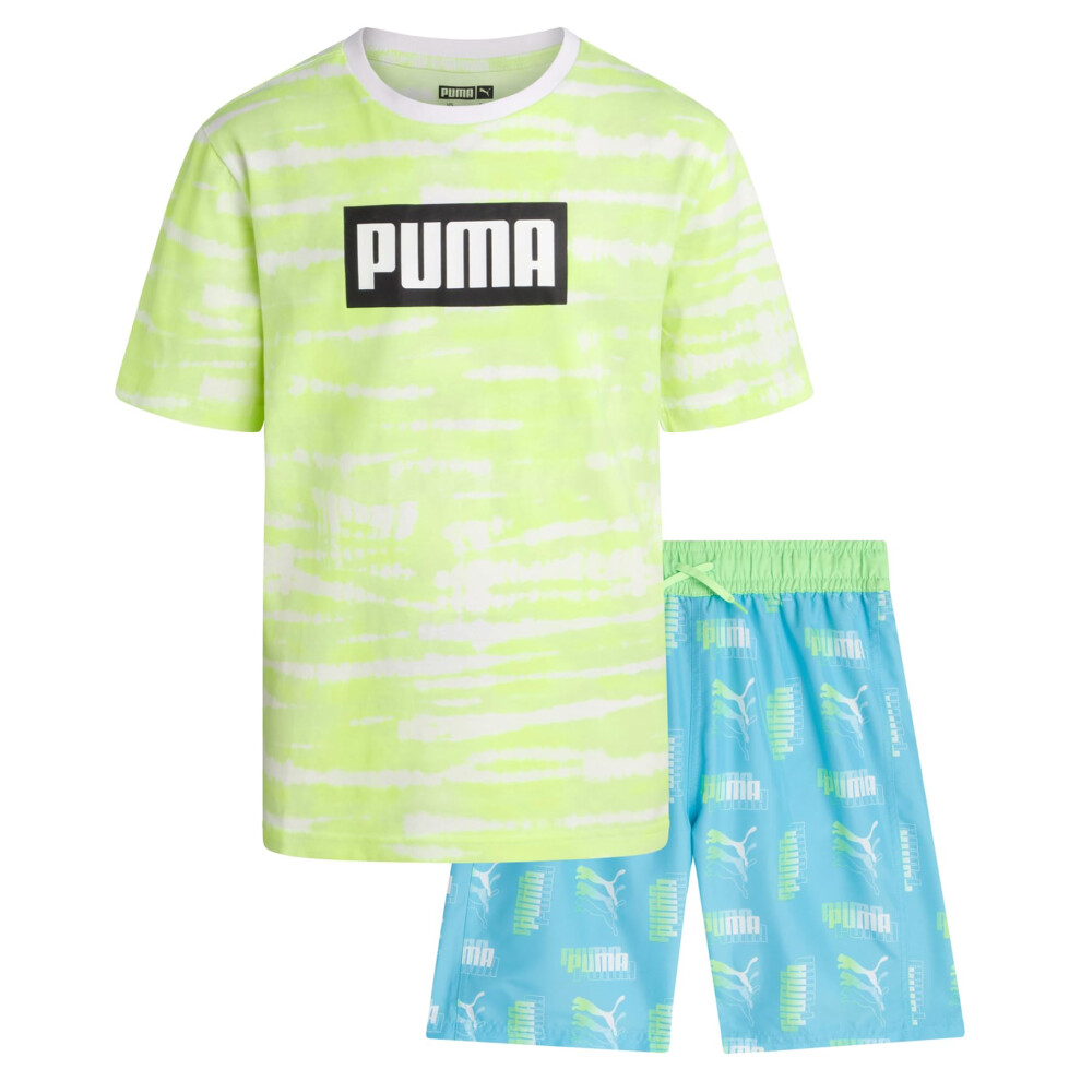 PUMA Boys' Swim Set - Bathing Suit Swim Trunks with Matching Basic Short Sleeve T-Shirt - Swimwear Set for Big Boys (8-20)  Size 8  Blue Aqua/Light Gr