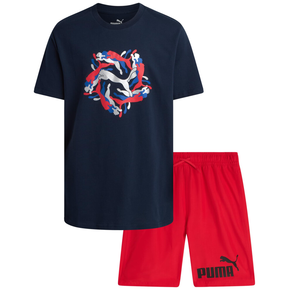 PUMA Boys' Swim Set - Bathing Suit Swim Trunks with Matching Basic Short Sleeve T-Shirt - Swimwear Set for Big Boys (8-20)  Size 8  Red/Denim