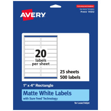Avery matwitte rechthoekige etiketten met Sure Feed 1"" x 4"""" 500 matwitte afdrukbare etiketten