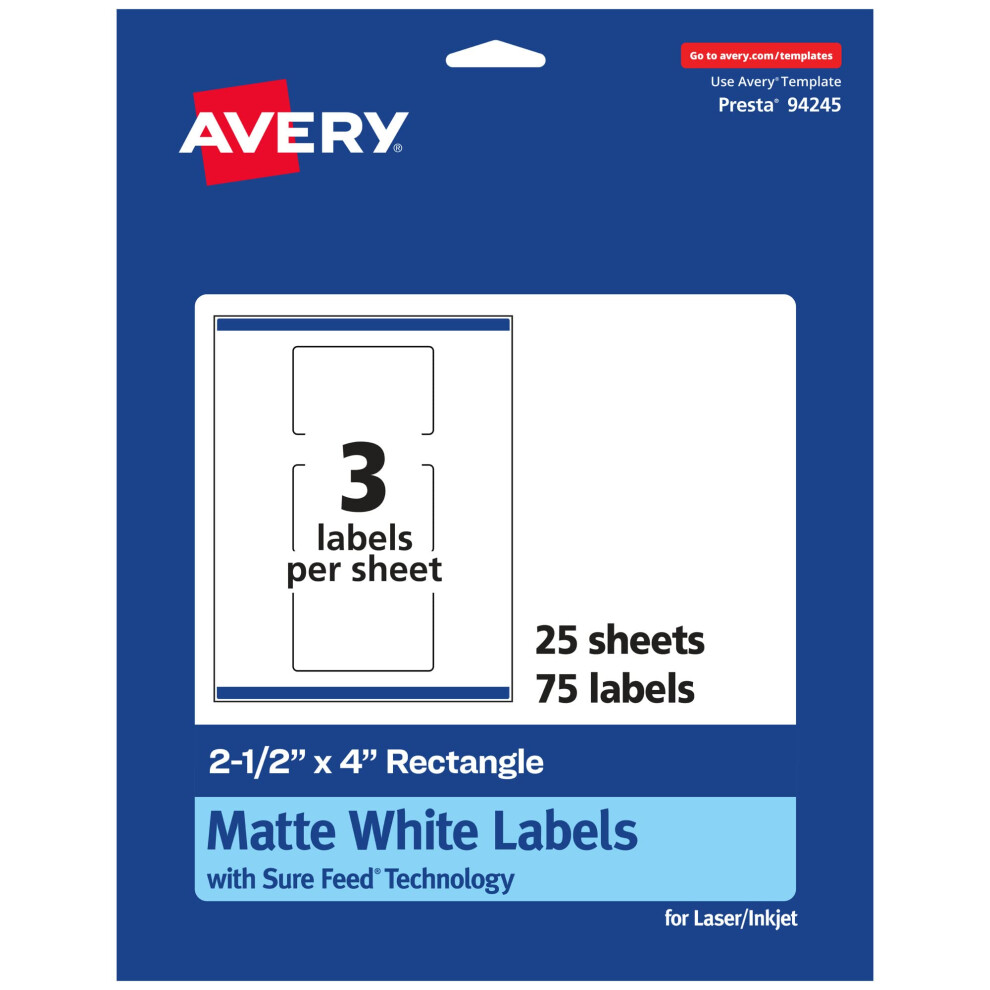 Avery Mattwei E Rechteckige Etiketten Mit Sure Feed, 2,5 X 4 Zoll, 75 Mattwei E Bedruckbare Etiketten-image