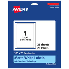 Avery Matte White Rectangle Labels with Sure Feed 10"""" x 7"""" 25 Matte White Printable Labels