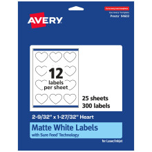 Avery Matte White Heart Labels with Sure Feed 2-9/32"""" x 1-27/32"""" 300 Matte White Printable Labels