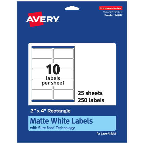 Avery Matte White Rectangle Labels with Sure Feed  2"""" x 4""""  250 Matte White Printable Labels