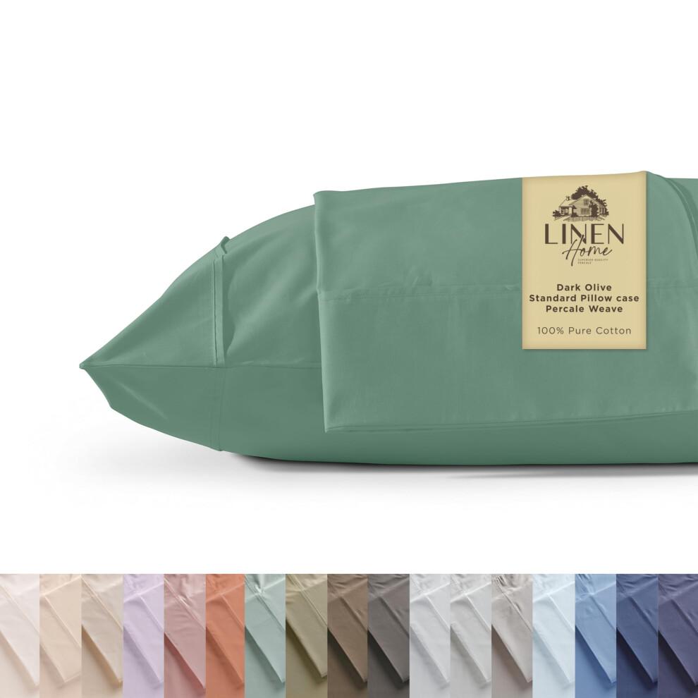 Linen Home Taies d'oreiller 100 % percale de coton Queen Size Olive foncé 2 pièces de taie d'oreiller Linge de lit frais et résistant 20 pouces X