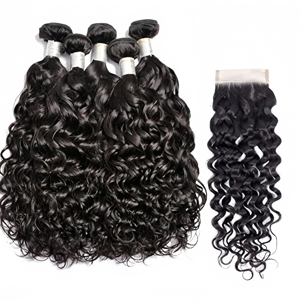 Czrleaty Brazilian Water Wave 5Bundles(50G/Bundle) With 4X4 Lace Closure Wet And Wavy Bundles With Closure Deep Curly Human Hair Bundles With Closure(10/10/10