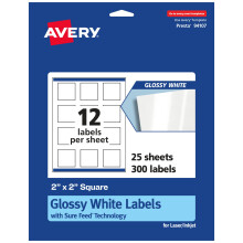 Avery Square Labels with Sure Feed 2"""" x 2"""" 300 Glossy White Labels (36477)