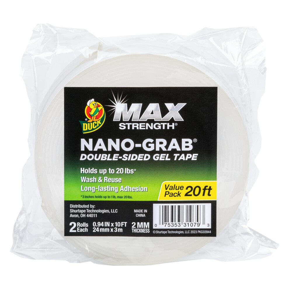 Duck Tape Duck Max Strength Double-Sided Gel Tape With Nano-Grab Technology Heavy Duty Multi-Purpose & Removable Adhesive 0.94 In. X 10 Ft Clear 2 Rolls