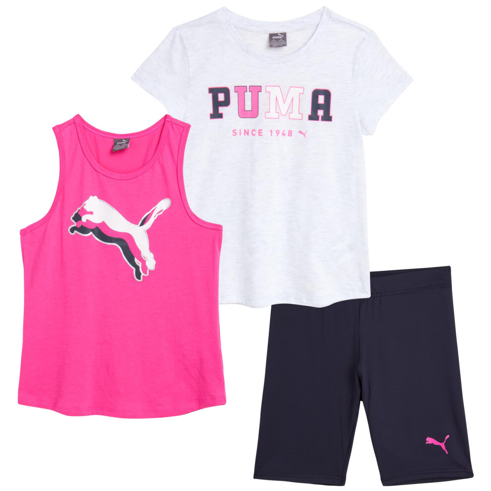 PUMA Girls' Active Shorts Set - 3 Piece Performance T-Shirt  Tank Top  Bike Shorts - Summer Athletic Outfit for Girls (7-14)  Size 7  White Heather/Fu
