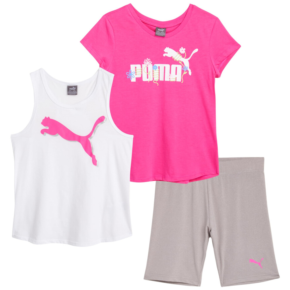 PUMA Girls' Active Shorts Set - 3 Piece Performance T-Shirt  Tank Top  Bike Shorts - Summer Athletic Outfit for Girls (7-14)  Size 8/10  Ravish
