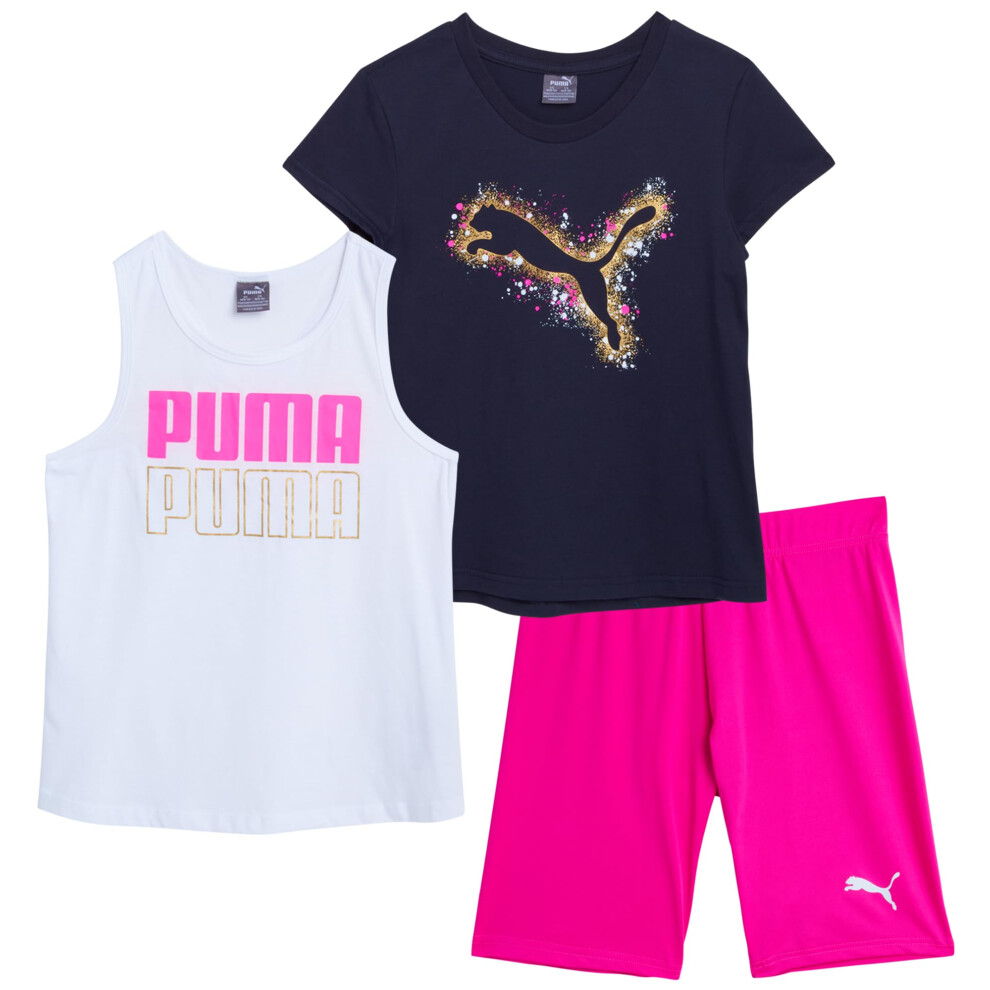 PUMA Girls' Active Shorts Set - 3 Piece Performance T-Shirt  Tank Top  Bike Shorts - Summer Athletic Outfit for Girls (7-14)  Size 8/10  Parisian Nigh