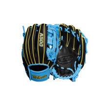 Luvas de Basebol Wilson A500 10.5" Infield Juvenil - Mão Direita, Preto/Azul Claro/Amarelo