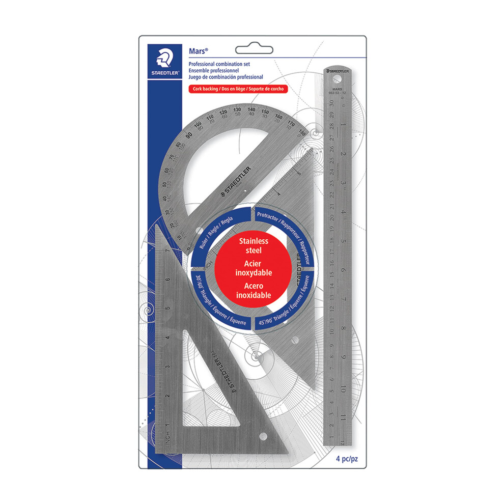 Staedtler Stainless Steel Math Set with Ruler  2 Triangles  Protractor  4 piece  566 32BK