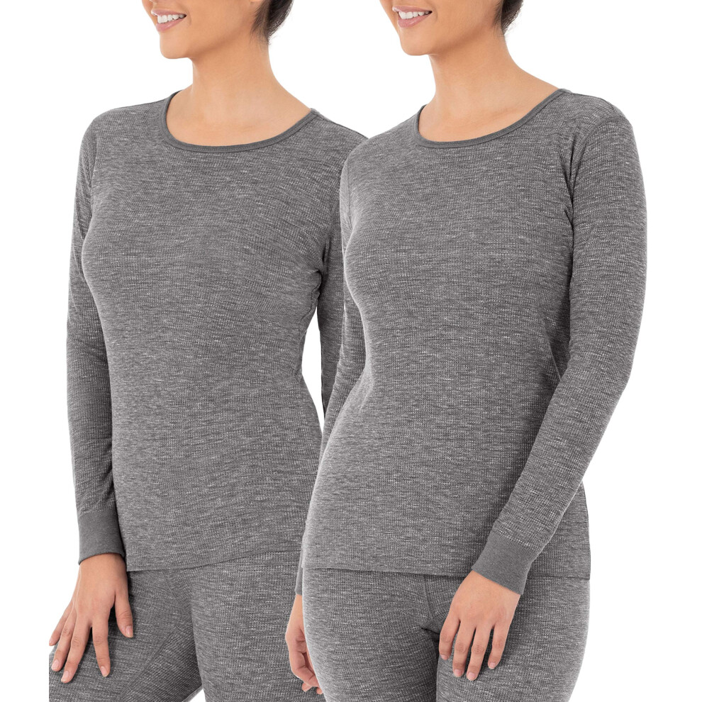 Fruit of the Loom Women's 2-Pack Micro Waffle Thermal Crew Top   Smoke Heather/Smoke Heather  Large