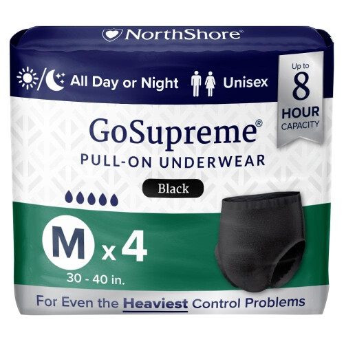 NorthShore GoSupreme Fraldas Incontinência Noturna, Estilo Pullup 8 Horas, Médio, 4 Contagem, Preto, 30-40 polegadas