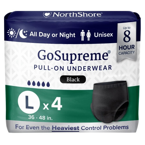 NorthShore GoSupreme Overnight Incontinence Underwear 8-Hour Pullup Style Large 4 Count Trial Black 36-48 inches Unisex Adult Diapers